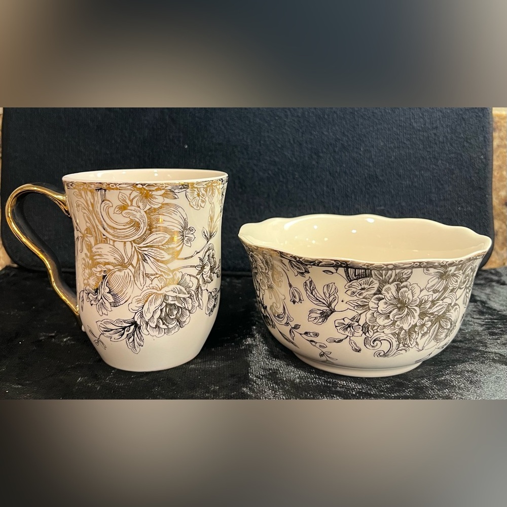 222 Fifth Hawthorne Gold Cereal Bowl/12oz Mug 2pc Set Floral Toile Fine China